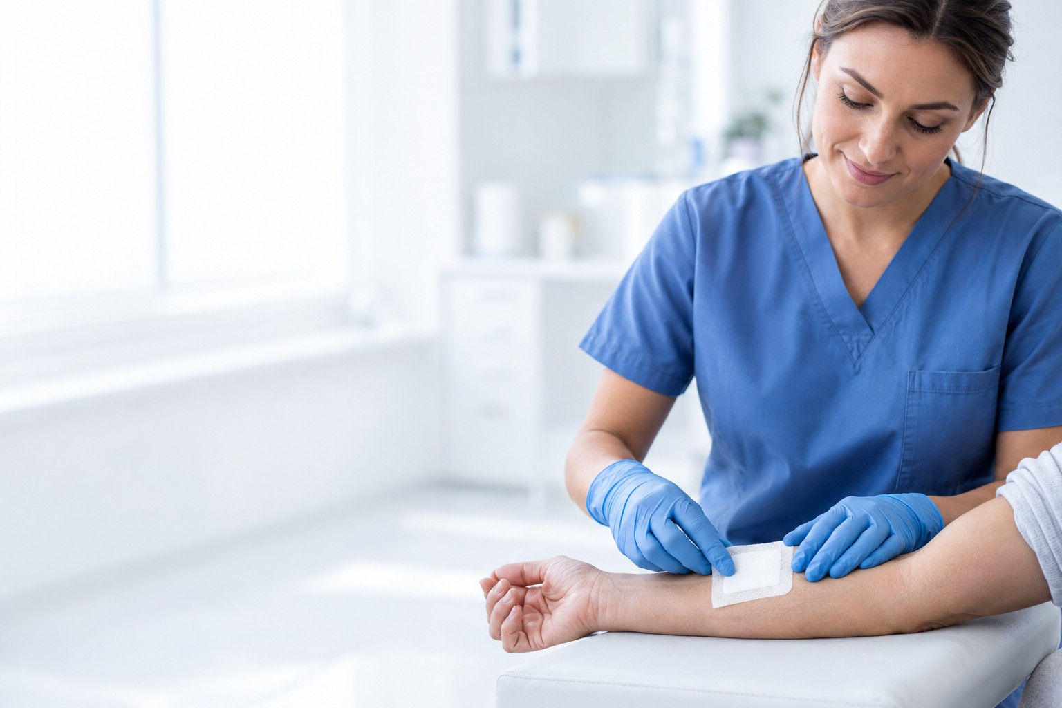 Profesional de la salud colocando un apósito en el brazo de un paciente